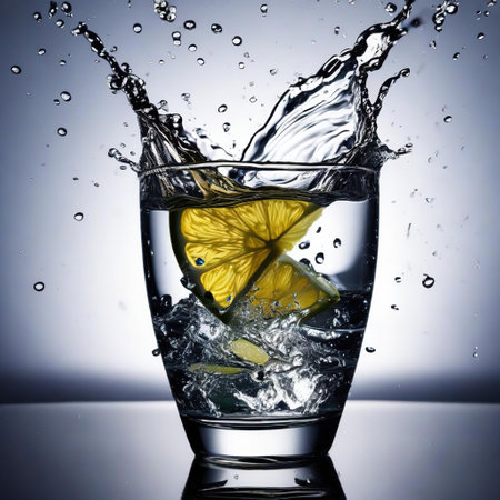 Lemon splashing into a glass of water on a gray backgroundの素材