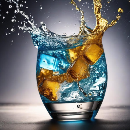 Cocktail with ice cubes and splashes on a gray backgroundの素材