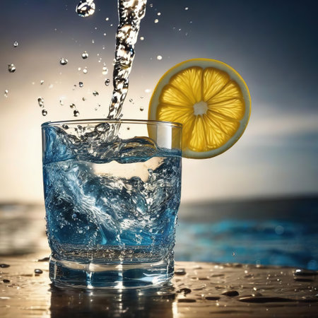 Glass of water with splashes and lemon on the background of the seaの素材