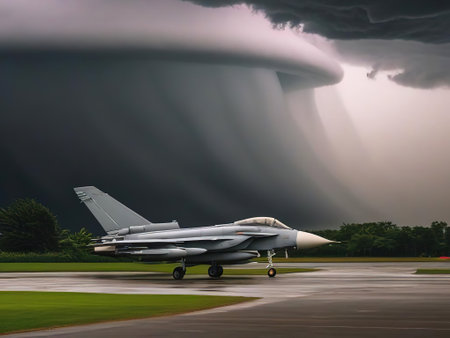 Military fighter jet on the runway with thunderstorm in the background.の素材