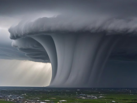 Aerial view of a heavy rain storm over the city of Reykjavik, Icelandの素材