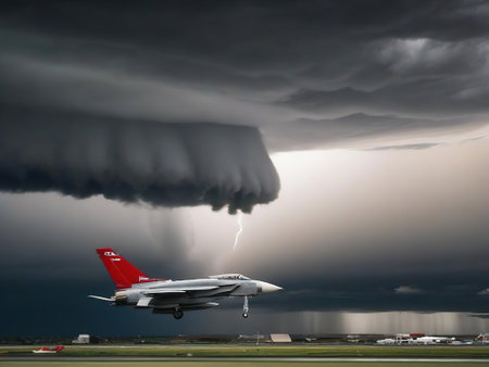 Airplane in storm with rain and thunderclouds, low angle viewの素材
