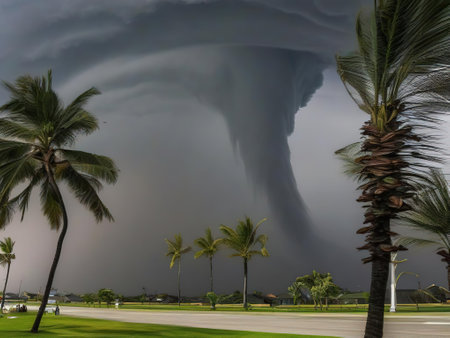 Stormy weather in the tropics. Stormy sky and palm treesの素材