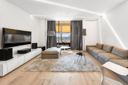 interior of modern house, living room view from the terraceの写真素材