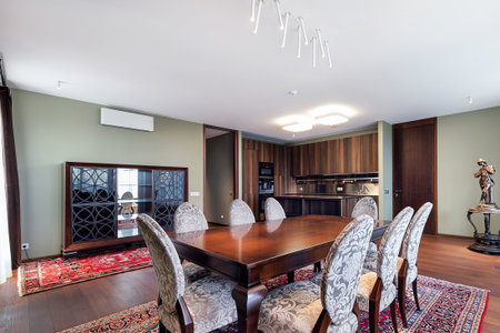 Luxury dining room with wooden table and chairs. Northwest, USAの写真素材