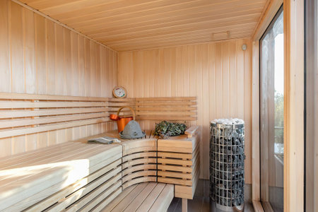 Interior of a wooden sauna room in a country house.の写真素材