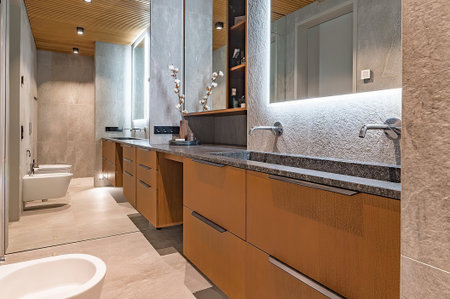 Luxury bathroom interior with built in sink and faucetの写真素材