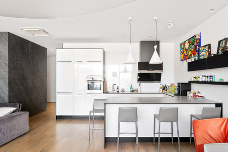 interior of modern kitchen with black and white furniture, nobody insideの写真素材