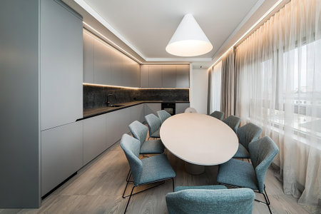 Interior of a modern house, dining room and kitchen. Nobody insideの写真素材