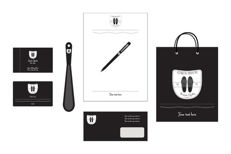Vector illustration of business card, pen, shopping bag, club card, envelope, blank and shoehorn.のイラスト素材
