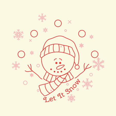 Vector illustration of Merry Christmas card. Snowman with hands up and christmas elements around. Trendy thin line style.のイラスト素材