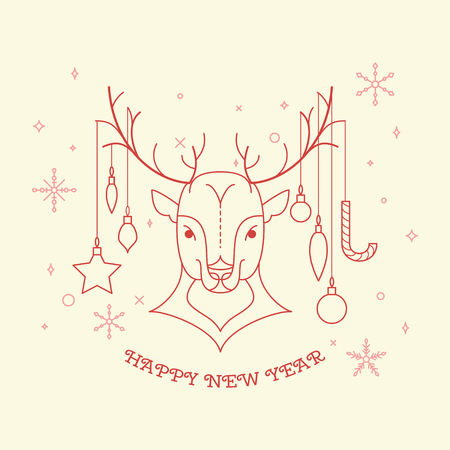 Vector illustration of Merry Christmas card. Reindeer with christmas elements around. Trendy thin line style.のイラスト素材