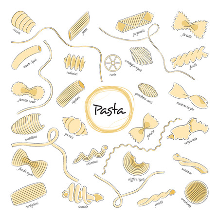 Vector illustration of different pasta shapes. Icons of pasta isolated on white background. Hand drawn.のイラスト素材