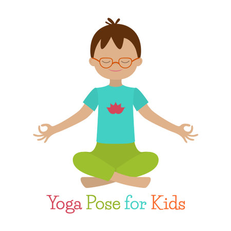 illustration of kid yoga pose poster. Cute kid in yoga pose. Little boy sit straight in yoga pose. Isolated on white background.のイラスト素材