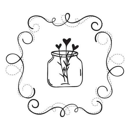 illustration of hand drawn border. Doodle frame with hearts. Isolated on white background. Can be used for wedding and birthday invitation.のイラスト素材