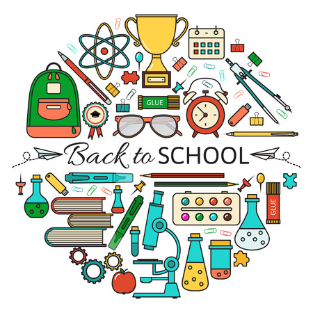 Vector illustration of school supplies. Isolated on white background in circle form. Welcome back to school greeting card. Colorful flat line style.のイラスト素材