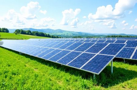 A field of solar panels on green landscape background