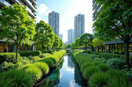 Modern cityscape green spaces sustainable urban planning eco-friendly design sustainable cities...