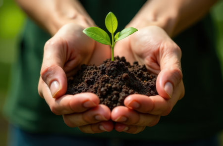 Image of hands holding earth with plant. Earth Dayの素材