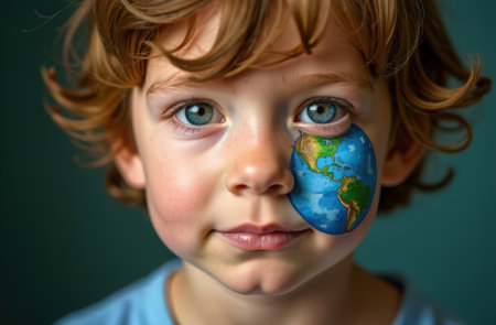 A childs face with the planet Earth drawn on his cheeck. The worlds earth day. Eco conceptの素材