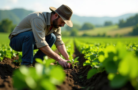Sustainable farming: Close-up of a farmer planting crops in a field using organic methods, with sustainable irrigation techniques and green landscapes in the backgroundの素材