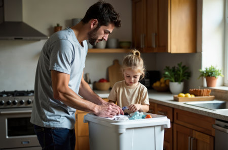 Family sorting trash at homeの素材