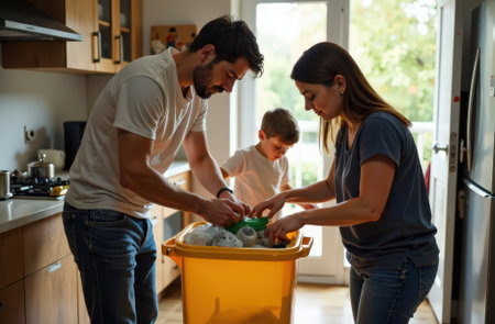 Family sorting trash at homeの素材