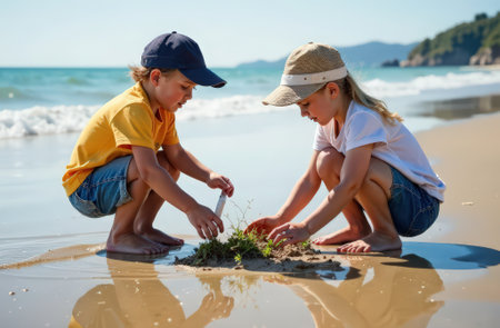 Children cleaning up trash on the beach. Ecological conceptの素材