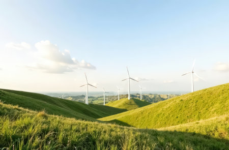 Landscape with wind turbines. Renewable energy. Green energy electricityの素材