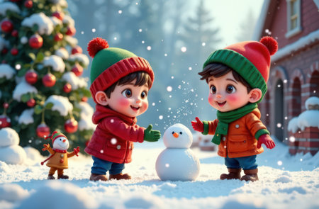 Children making snowman outdoors in the yardの写真素材