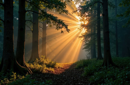 Forest at dawn with sunbeams breaking through the treesの素材
