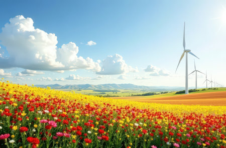 Landscape with wind turbines. Renewable energy. Green energy electricityの素材