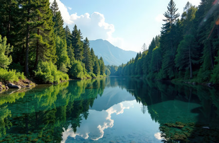 A clear river surrounded by forest, reflecting the skyの素材