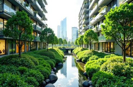 Modern cityscape green spaces sustainable urban planning eco-friendly design sustainable cities green architecture urban development green environment future city sustainabilityの素材
