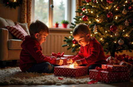 Christmas morning: children open presents near the decorated treeの素材