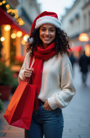 Smiling curly woman in Santa Claus hat with big red shopping bags, white sweater and blue jeans, red scarf, girl standing on evening Christmas streetの素材