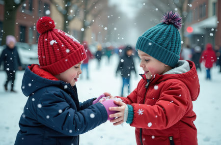 Children in colorful hats playing a snowball fight wide angleの素材