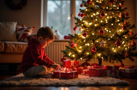 Christmas morning: children open presents near the decorated treeの素材