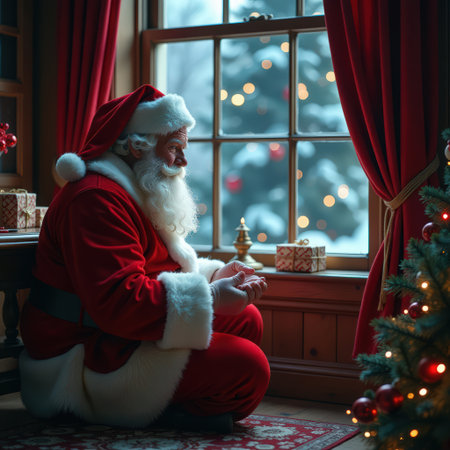 Santa Claus wrapping presents in his residence, view through the windowの素材