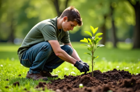 Young man planting a tree in a green parkの素材