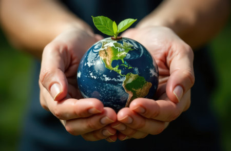 Image of hands holding earth with plant. Earth Dayの素材