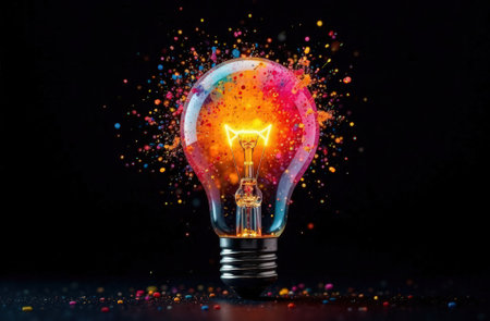 Creative light bulb explodes with colorful paint and splashes on a black background. Think differently creative idea conceptの素材