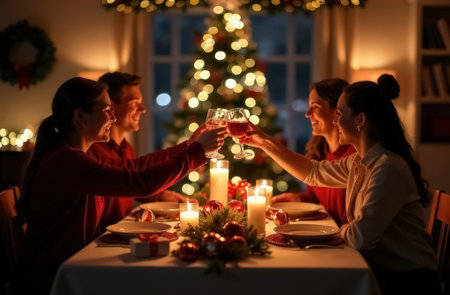 A beautifully decorated Christmas table with garlands, candles and gifts, a family raises their glasses for a festive toast.の素材