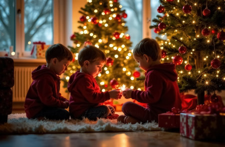 Christmas morning: children open presents near the decorated treeの素材
