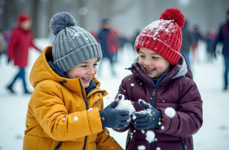 Children in colorful hats playing a snowball fight wide angleの素材