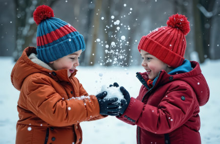 Children in colorful hats playing a snowball fight wide angleの素材