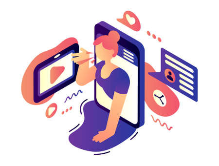 A young woman sends a message directly from the phone. Illustration of how the news application works. Modern design, isometric, white background.のイラスト素材