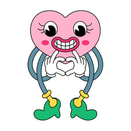 Isolated image of a heart showing a heart shape with hands. Female character in heart shape in retro doodle style isolated on white background. Funny cartoon shows heart gesture. Vector.のイラスト素材