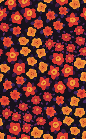 Seamless pattern with red and orange flower heads on a dark background. Floral print with simple...