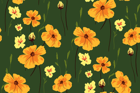 Seamless pattern with large yellow flowers and smaller plants. Various wildflowers and plants are freely scattered on a green background. Floral print in vector.のイラスト素材